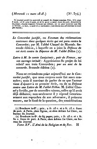 L'ami de la religion et du roi journal ecclesiastique, politique et litteraire