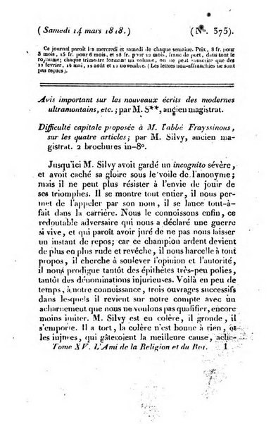 L'ami de la religion et du roi journal ecclesiastique, politique et litteraire