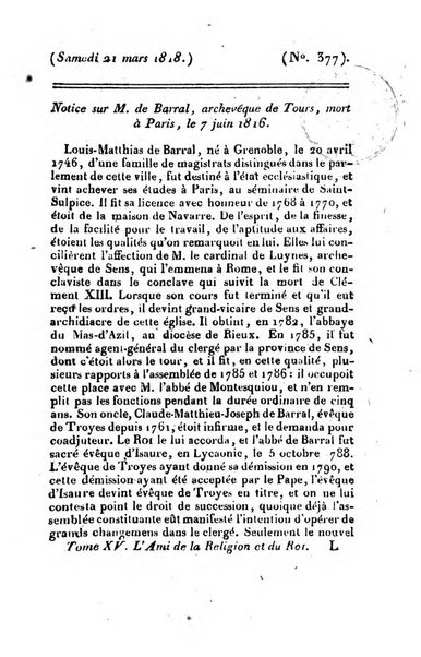 L'ami de la religion et du roi journal ecclesiastique, politique et litteraire