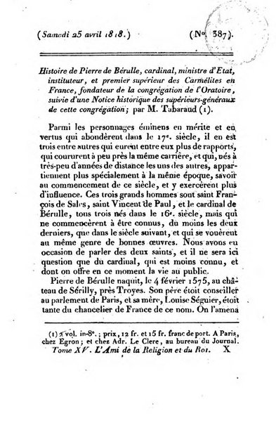 L'ami de la religion et du roi journal ecclesiastique, politique et litteraire