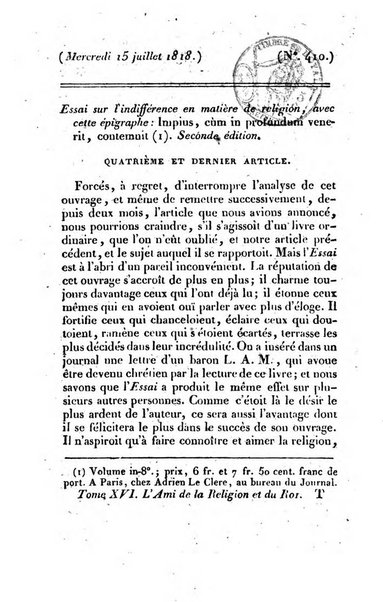 L'ami de la religion et du roi journal ecclesiastique, politique et litteraire