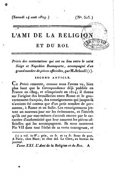 L'ami de la religion et du roi journal ecclesiastique, politique et litteraire