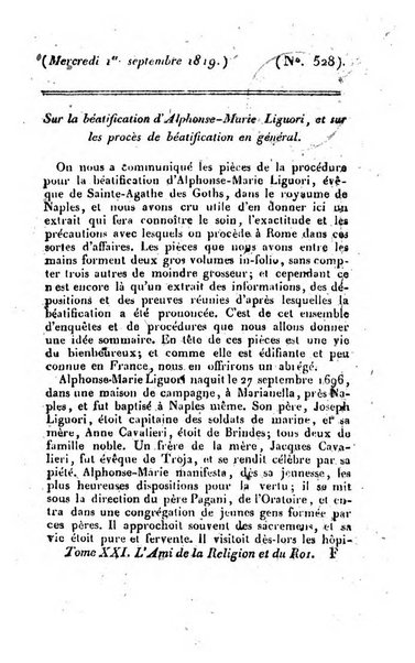 L'ami de la religion et du roi journal ecclesiastique, politique et litteraire