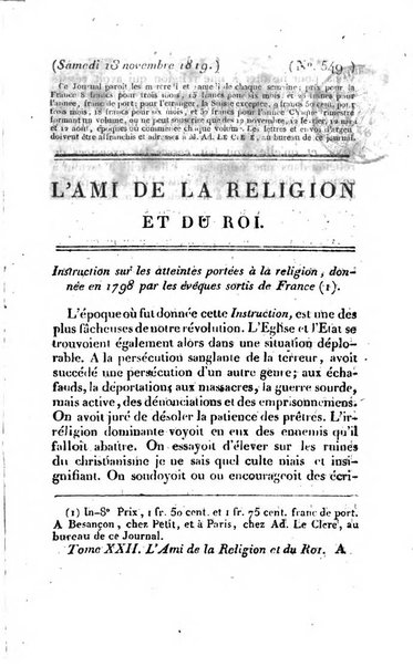 L'ami de la religion et du roi journal ecclesiastique, politique et litteraire