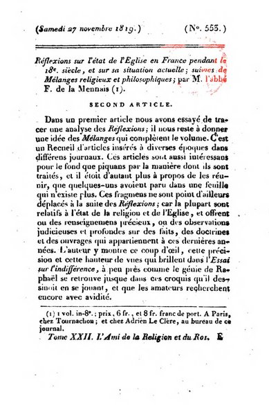 L'ami de la religion et du roi journal ecclesiastique, politique et litteraire