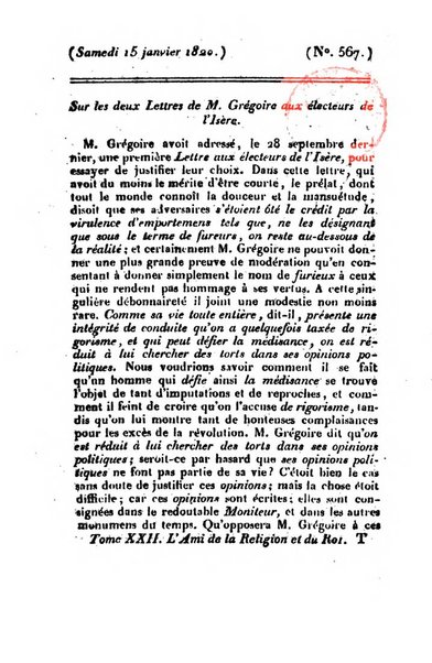 L'ami de la religion et du roi journal ecclesiastique, politique et litteraire