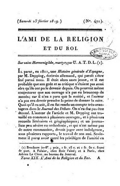 L'ami de la religion et du roi journal ecclesiastique, politique et litteraire