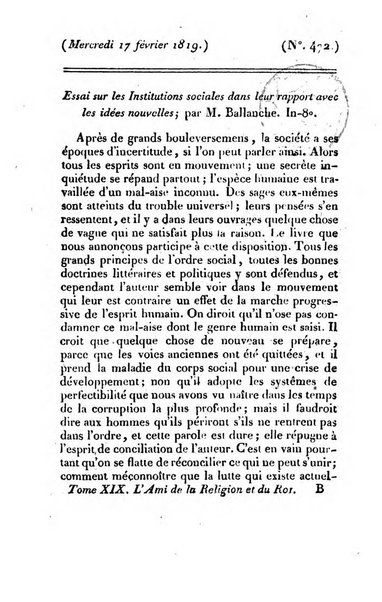 L'ami de la religion et du roi journal ecclesiastique, politique et litteraire