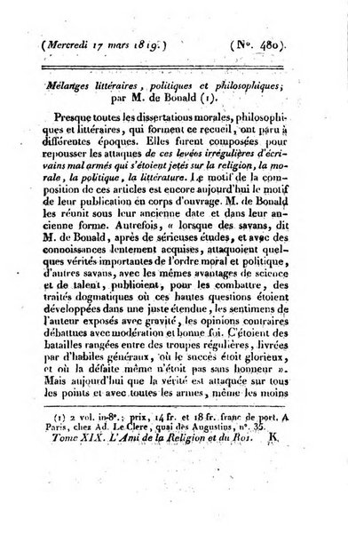 L'ami de la religion et du roi journal ecclesiastique, politique et litteraire