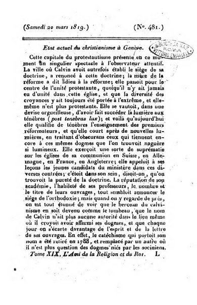 L'ami de la religion et du roi journal ecclesiastique, politique et litteraire