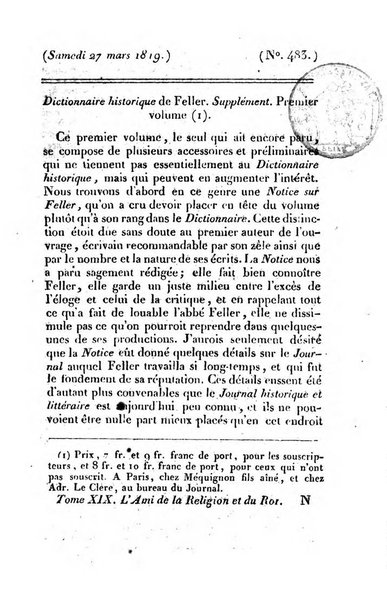 L'ami de la religion et du roi journal ecclesiastique, politique et litteraire