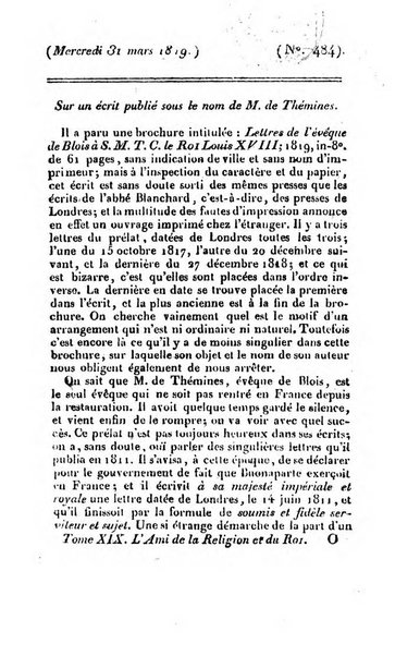 L'ami de la religion et du roi journal ecclesiastique, politique et litteraire