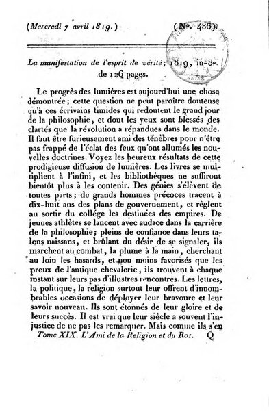 L'ami de la religion et du roi journal ecclesiastique, politique et litteraire