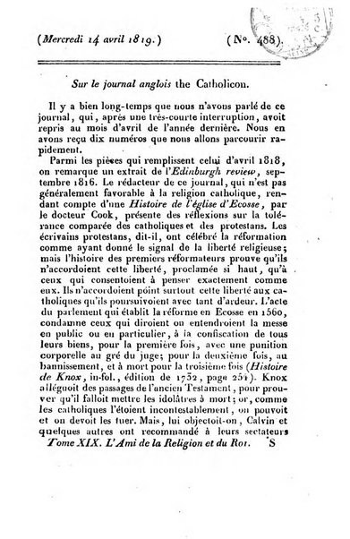 L'ami de la religion et du roi journal ecclesiastique, politique et litteraire