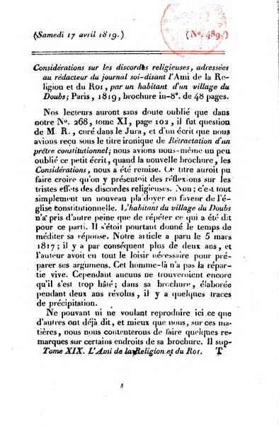 L'ami de la religion et du roi journal ecclesiastique, politique et litteraire