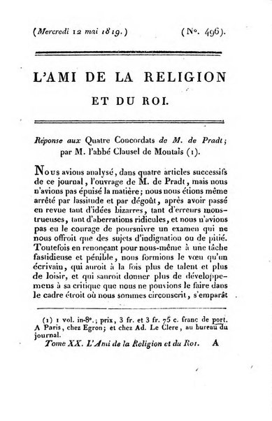 L'ami de la religion et du roi journal ecclesiastique, politique et litteraire