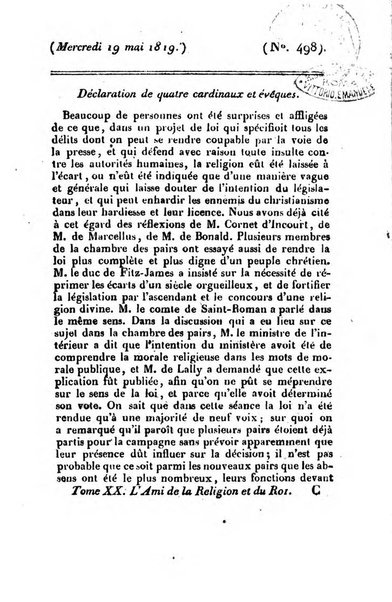 L'ami de la religion et du roi journal ecclesiastique, politique et litteraire