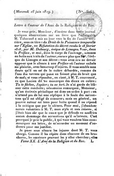 L'ami de la religion et du roi journal ecclesiastique, politique et litteraire