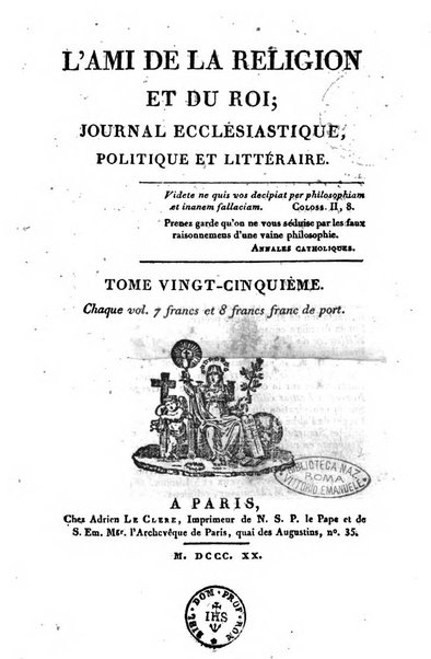 L'ami de la religion et du roi journal ecclesiastique, politique et litteraire