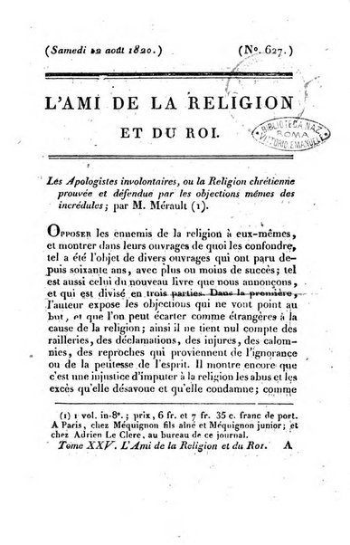 L'ami de la religion et du roi journal ecclesiastique, politique et litteraire