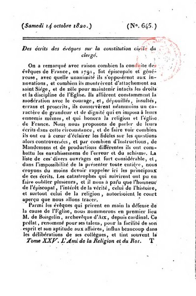 L'ami de la religion et du roi journal ecclesiastique, politique et litteraire