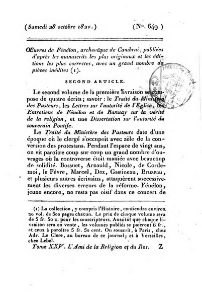 L'ami de la religion et du roi journal ecclesiastique, politique et litteraire