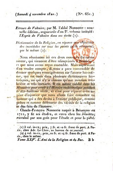 L'ami de la religion et du roi journal ecclesiastique, politique et litteraire