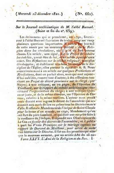 L'ami de la religion et du roi journal ecclesiastique, politique et litteraire