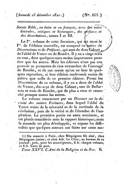 L'ami de la religion et du roi journal ecclesiastique, politique et litteraire