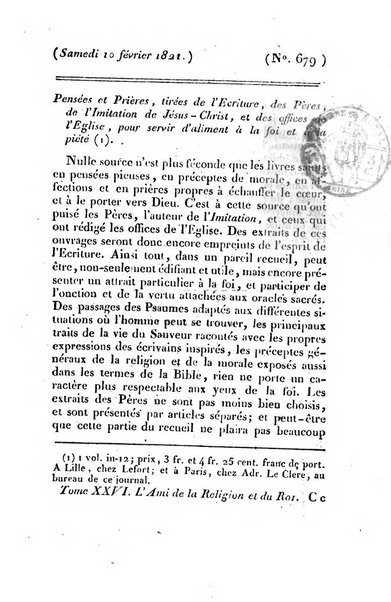 L'ami de la religion et du roi journal ecclesiastique, politique et litteraire