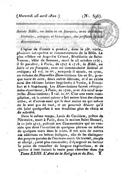 L'ami de la religion et du roi journal ecclesiastique, politique et litteraire