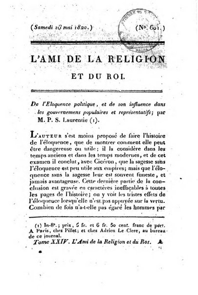 L'ami de la religion et du roi journal ecclesiastique, politique et litteraire