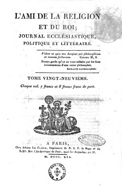 L'ami de la religion et du roi journal ecclesiastique, politique et litteraire