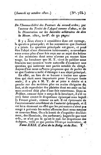 L'ami de la religion et du roi journal ecclesiastique, politique et litteraire