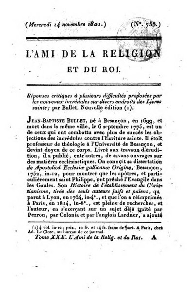 L'ami de la religion et du roi journal ecclesiastique, politique et litteraire