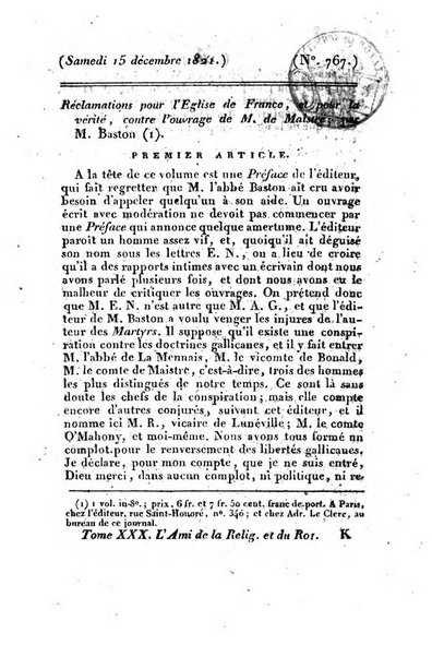 L'ami de la religion et du roi journal ecclesiastique, politique et litteraire