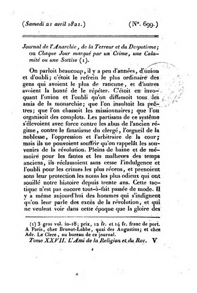 L'ami de la religion et du roi journal ecclesiastique, politique et litteraire