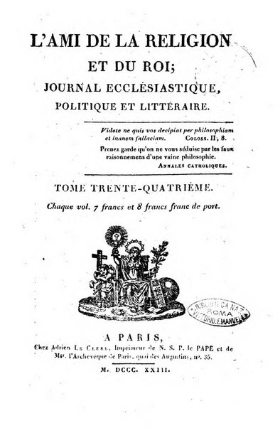 L'ami de la religion et du roi journal ecclesiastique, politique et litteraire