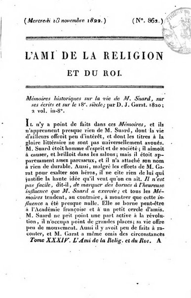 L'ami de la religion et du roi journal ecclesiastique, politique et litteraire