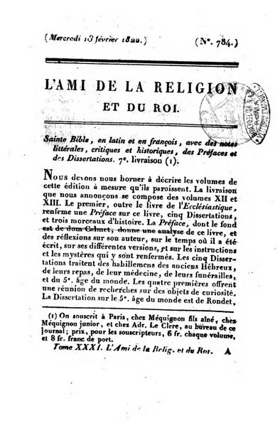 L'ami de la religion et du roi journal ecclesiastique, politique et litteraire