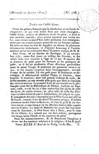 L'ami de la religion et du roi journal ecclesiastique, politique et litteraire