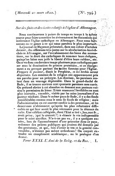 L'ami de la religion et du roi journal ecclesiastique, politique et litteraire