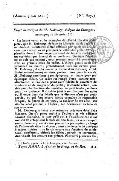 L'ami de la religion et du roi journal ecclesiastique, politique et litteraire