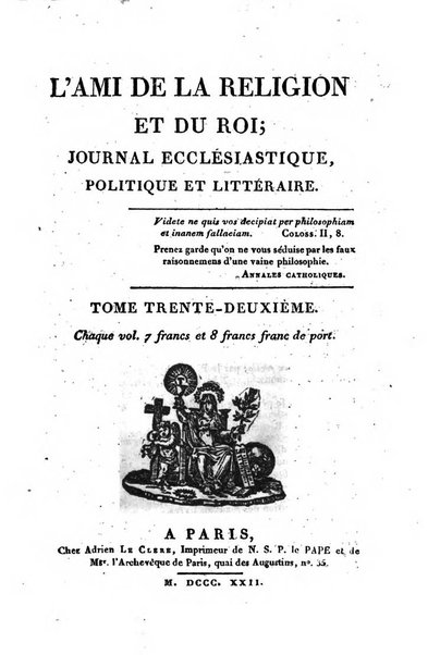 L'ami de la religion et du roi journal ecclesiastique, politique et litteraire