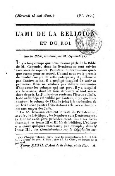 L'ami de la religion et du roi journal ecclesiastique, politique et litteraire