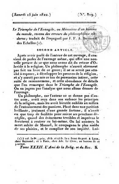 L'ami de la religion et du roi journal ecclesiastique, politique et litteraire