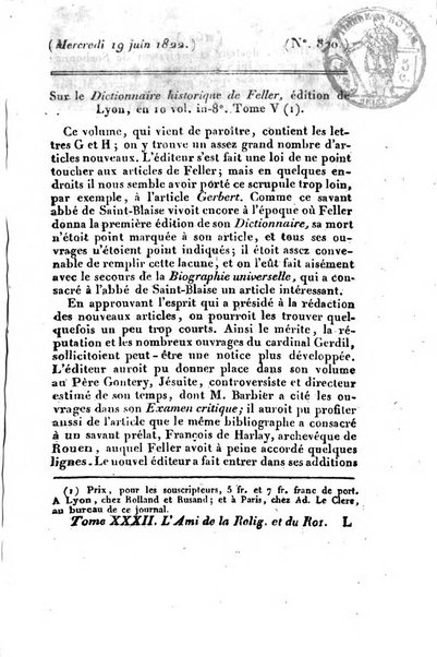 L'ami de la religion et du roi journal ecclesiastique, politique et litteraire