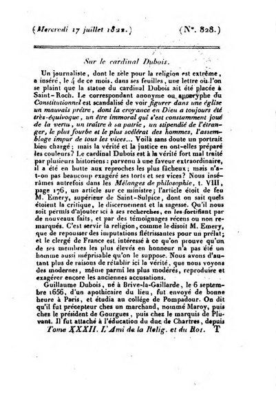 L'ami de la religion et du roi journal ecclesiastique, politique et litteraire