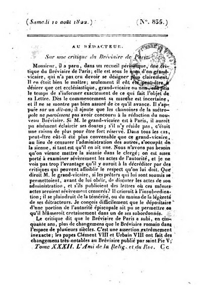 L'ami de la religion et du roi journal ecclesiastique, politique et litteraire