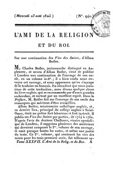 L'ami de la religion et du roi journal ecclesiastique, politique et litteraire